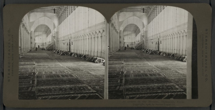 At prayer in the mosque, Damascus, Syria. April 27, 1908. Stereograph. (Library of Congress)