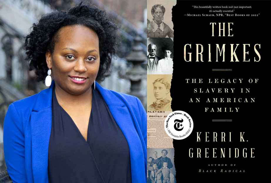 a photo of Kerri K Greenidge next to her book cover for “The Grimkes”