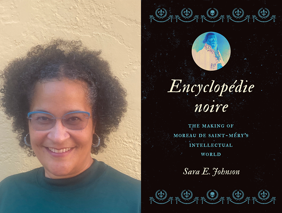 a photo of Sara Johnson next to a graphic of her book cover for “Encyclopédie Noire”