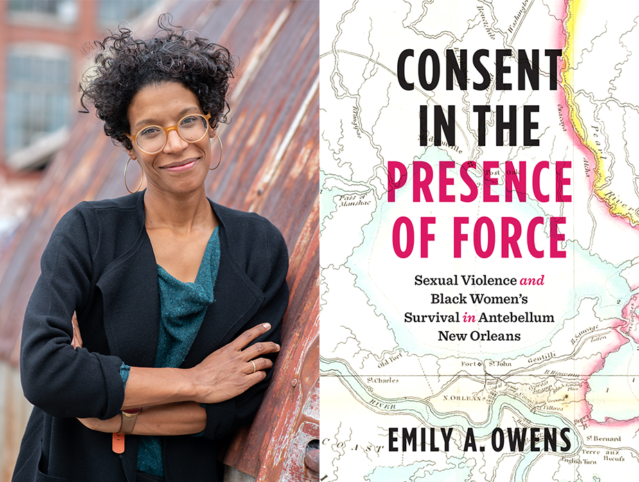 A photo of Emily A Owens next to a graphic of her book cover for "Consent in the Presence of Force"