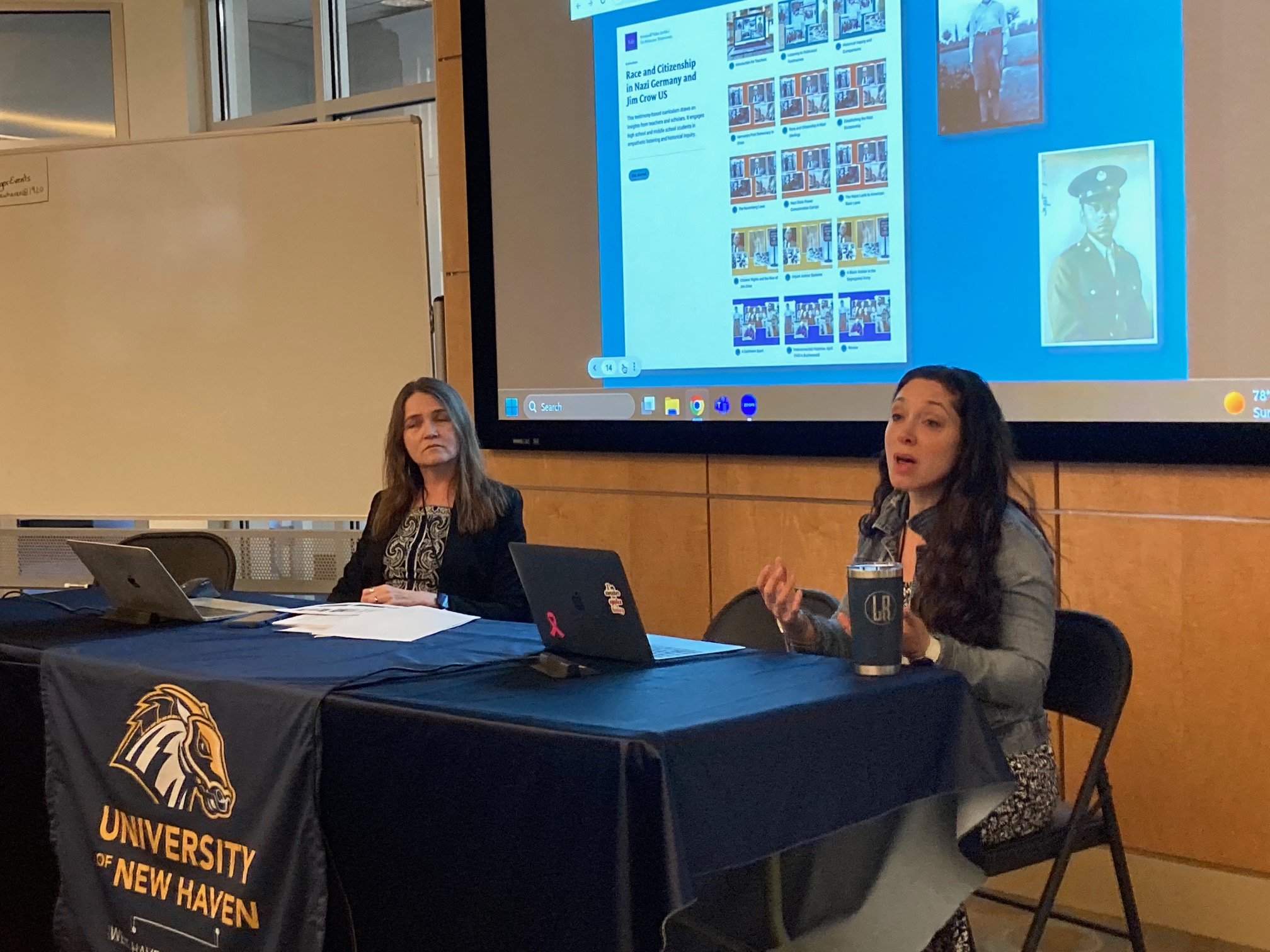 Aya Marczyk of Yale University (left) and Lindsey Rossler of King School (right) speak about their collaborative teaching