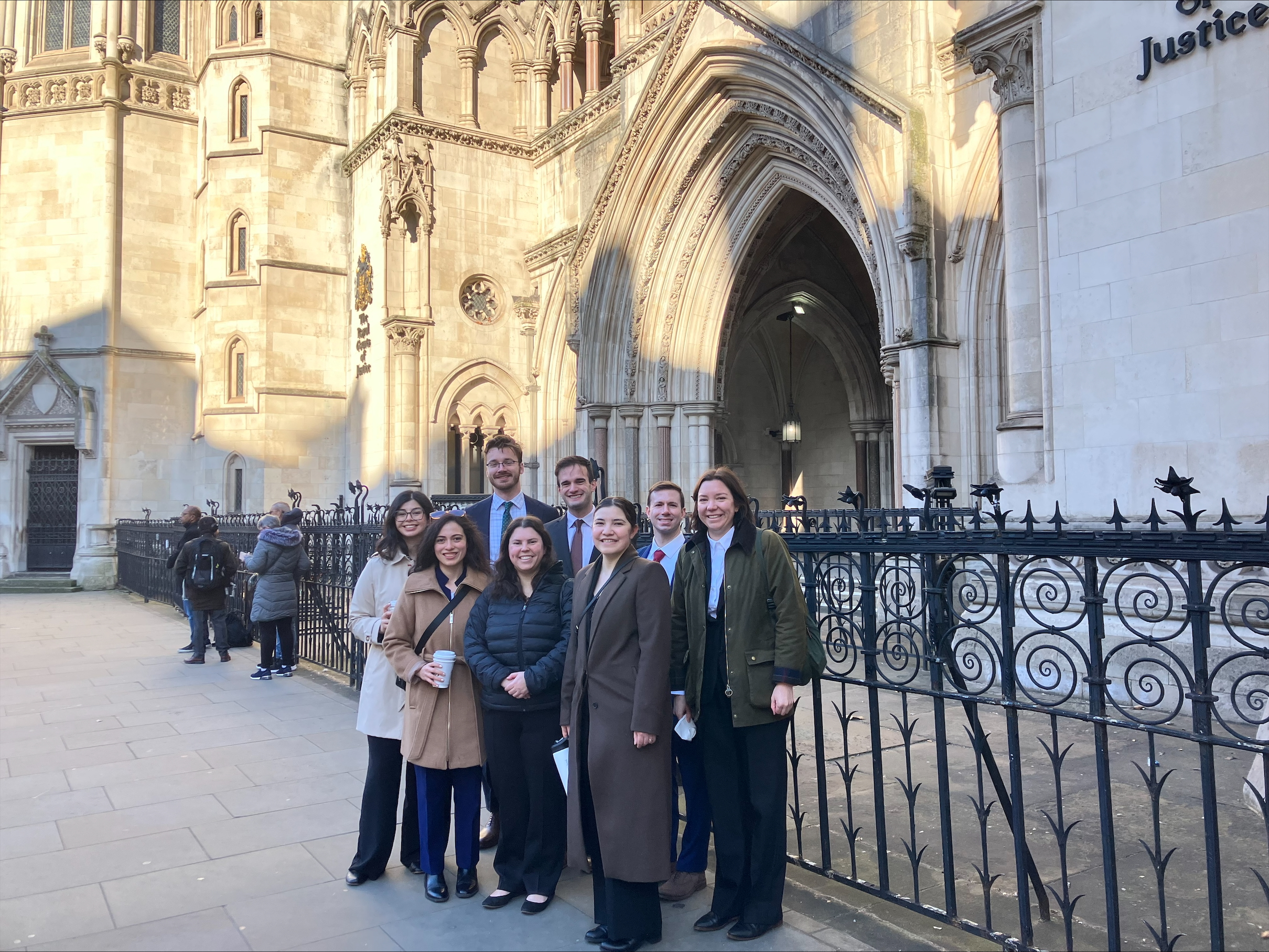 Class standing in front of the Royal Courts of Justice.