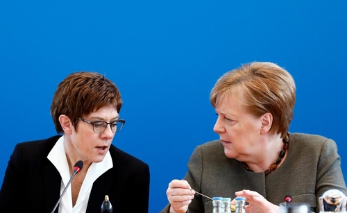 CDU leader Annegret Kramp-Karrenbauer and Chancellor Angela Merkel at today’s CDU meeting.