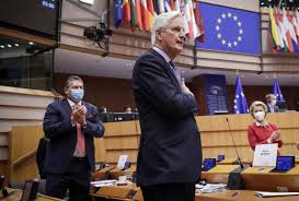 Michel Barnier, the EU’s chief negotiator, at the European Parliament Tuesday as it voted to approve the EU-UK Trade and Cooperation Agreement.