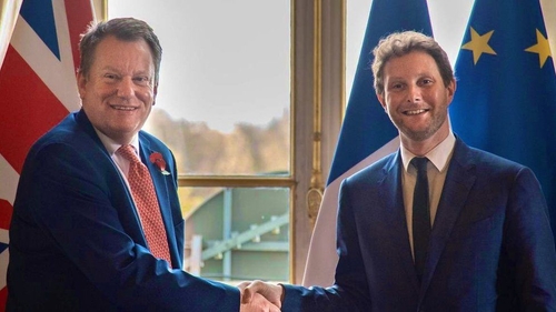 British Cabinet Minister Lord David Frost and French Secretary of State for European Affairs Clément Beaune at yesterday’s meeting in Paris to discuss fishing licenses.