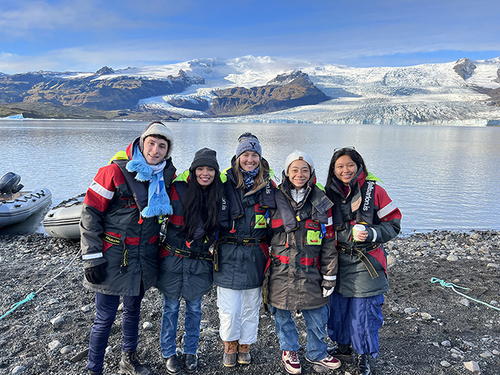 Five Yale undergraduates, (left to right) Aaron Miller, Annika Babra, Sydney Zoehrer, Nina Grigg, and Mary Chen, traveled to Iceland for field study in October 2022. Photo courtesy of Professor Joyce Hsiang.