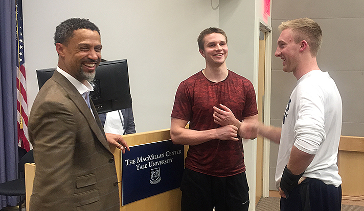 Mahmoud Abdul-Rauf chatted with Yale students after his talk on campus.