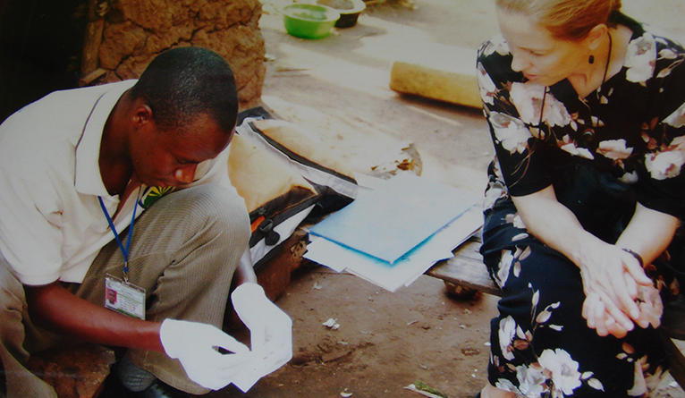 Kurth and a healthcare worker during pilot of the NIH-funded “Household-based HIV Testing and Targeted Delivery of HIV Prevention” project in Bushenyi District, Uganda. Kurth and a healthcare worker