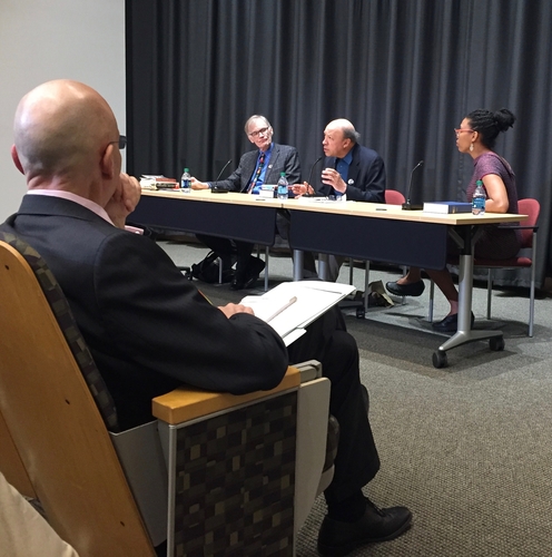 Professors Blight, Stepto, and Feimster discuss Douglass while Professor Shapiro looks on from audience.