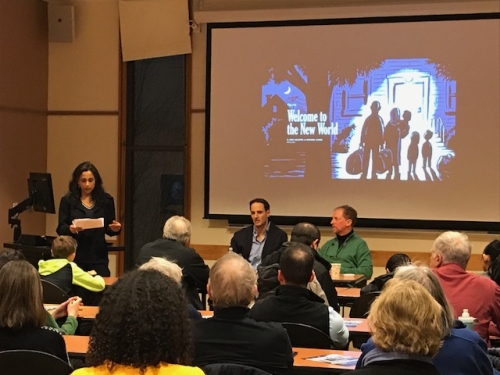 Kishwar Rizvi, Associate Professor in the History of Art, Islamic Art and Architecture, and Chair, Council on Middle East Studies, introduces Jake Halpern and Michael Sloan, the co-creators of The New York Times comic strip about refugees called “Welcome to the New World.” 