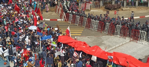 Protesters rally against the military coup in Yangon, Myanmar, Feb. 9, 2021 - From Wiki Commons, courtesy  Voice of America