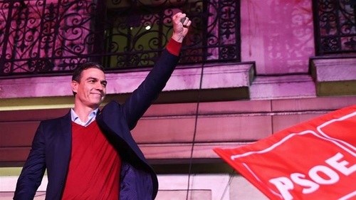 Spanish Acting Prime Minister and Socialist party leader Pedro Sánchez celebrating yesterday’s election.