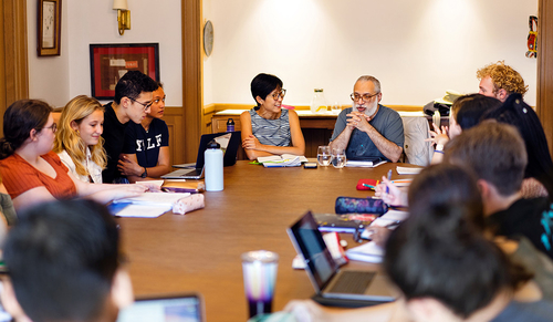 Yale Professors Tina Lu and Shawkat Toorawa (center) lead students in a new first year Yale seminar called “Six Pretty Good Books.” The course is designed to introduce students to “exceptional” books that have had long cultural lives. The students are encouraged to consider what makes ancient texts “pretty good,” that is, great. (Photo credit: Lauren Song)