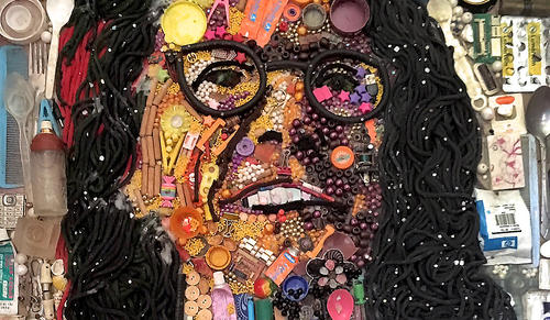A portrait of Professor Stephanie Newell — made out of repurposed trash — by Yusuf Durodola
