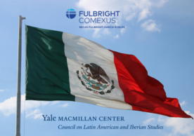 The Mexican Flag against a blue sky, with the COMEXUS and Yale CLAIS logos.