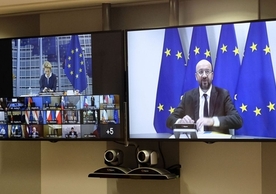 European Commission President Ursula von der Leyen, EU leaders and European Council President Charles Michel in today’s video conference.