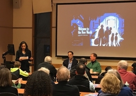 Kishwar Rizvi, Associate Professor in the History of Art, Islamic Art and Architecture, and Chair, Council on Middle East Studies, introduces Jake Halpern and Michael Sloan, the co-creators of The New York Times comic strip about refugees called “Welcome to the New World.” 