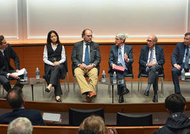 Members of the panel included (left to right) Jamil Anderlini, Jing Tsu, Nuno Monteiro, Peter Salovey, Stephen Roach, and Aleh Tsyvinski. (Photo by Michael Marsland)