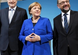 German party leaders announce agreement to form coalition government. From left: Horst Seehofer, CSU; Angela Merkel, CDU; and Martin Schulz, SPD.