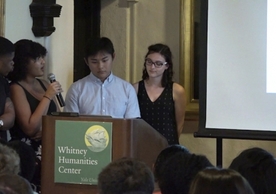 Students from Professor Joseph Yannielli’s class “Runaways, Rebels, Wenches & Rogues” present their work on Runaway New England, the course’s website documenting runaway slave advertisements in New England newspapers. From left: Melvin Rouse, YC 2021; Ry Walker, YC 2020; James Lin, YC 2019; and Kendall Schmidt, YC 2019.