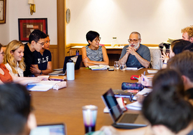 Yale Professors Tina Lu and Shawkat Toorawa (center) lead students in a new first year Yale seminar called “Six Pretty Good Books.” The course is designed to introduce students to “exceptional” books that have had long cultural lives. The students are encouraged to consider what makes ancient texts “pretty good,” that is, great. (Photo credit: Lauren Song)