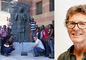 Tom Thurston with a group of CT and Sierra Leonean history teachers at the Amistad Memorial in New Haven, CT (2019)