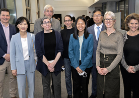 Left to right, front row: Woo-kyoung Ahn, winner of the Lex Hixon ’63 Prize; Karin Roffman, senior lecturer in humanities, a co-winner of the Richard H. Brodhead ’68 Prize; Quan Tran, co-winner of the Richard H. Brodhead ’68 Prize; Stephanie Newell, winner of the Sidonie Miskimin Clauss Prize; and Tamar Gendler, dean of FAS. Back row: Jeffrey Brock, dean of the School of Engineering and dean of science for FAS; Kenneth Winkler, winner of the Harwood F. Byrnes/Richard B. Sewall Teaching Prize; Marla Geha, wi