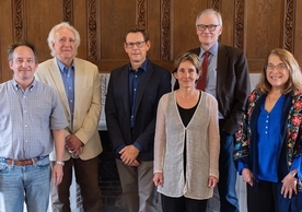 Left to right, Yale College Dean Pericles Lewis with prizewinners Carlos Eire, John Lafferty, Adriane Steinacker, David Blight, and Margherita Tortora. Not pictured: Sarah Demers. (Photo by John Dempsey)