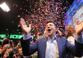 Volodomyr Zelensky celebrating his landslide victory Sunday evening.