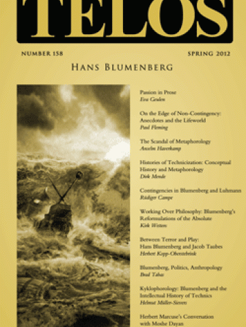 Hans Blumenberg, co-edited with Rüdiger Campe and Paul Fleming for Telos (2012)