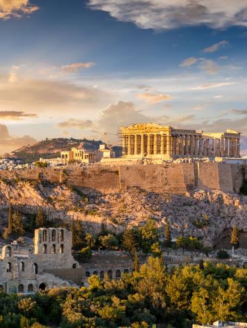 Sweeping view of the Parthenon and surrounding area of Athens at sunset