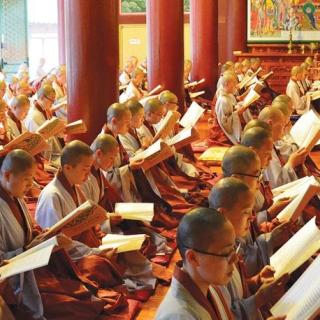 A group of monks sitting in rows, individually reading books in a room.