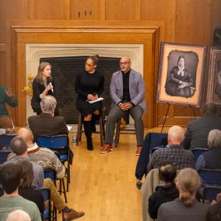 A photo of panelists Hope McGrath, Risë Nelson, and Christopher M. Rabb during When History is Personal an event hosted by the Gilder Lehrman Center