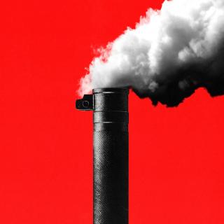 A graphic depicting a barrel of a gun as a smoke stack with a red background 