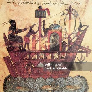 A 13th century Arab manuscript illustration depicting a merchant's sailing dhow. Sultanate of Oman, gettyimages-582889962