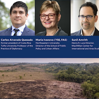 Three frames with images of each of the guest speakers over an image of deforestation of the Amazon rainforest.