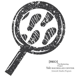 A magnifying glass with footprints beside the words "The Reckoning Project" and "Yale MacMillan Center Genocide Studies Progam."