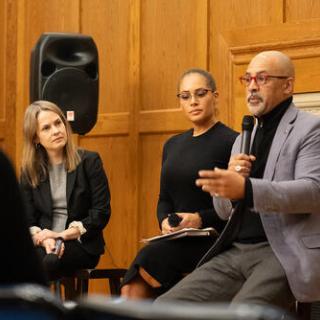 Hope McGrath (Research Coordinator for Yale, New Haven, and Connecticut History, Beinecke Rare Book and Manuscript Library); Risë Nelson (Member of the Yale and Slavery Working Group and Director of Diversity, Equity, Inclusion, and Accessibility, Yale Library); and Christopher M. Rabb (YC ’92; genealogist, family historian, and author). Photo by Daniel Vieira