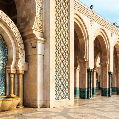 Architectural shot of a fountain at Hassan II Mosque, Casablanca