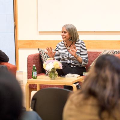Professor Sunil Amrith interviews translator Kalpana Raina at an SASC event at Luce Hall