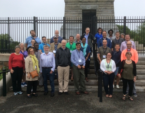 GLC Director David W. Blight and college instructors visit New Haven’s Soldiers’ and Sailors’ Monument at the summit of East Rock Park. Dedicated in June, 1887, the monument honors the New Haven residents who died while serving in the Revolutionary War, the War of 1812, the Mexican-American War, and the Civil War.