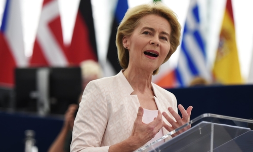Ursula von der Leyen addressing the European Parliament Tuesday prior to the debate and vote on her candidacy for Commission president.