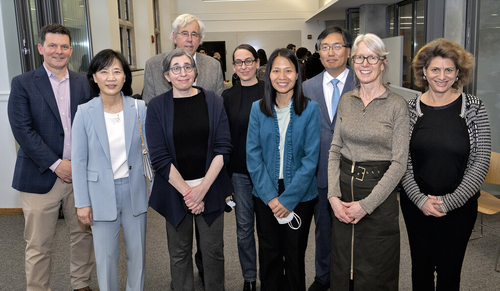 Left to right, front row: Woo-kyoung Ahn, winner of the Lex Hixon ’63 Prize; Karin Roffman, senior lecturer in humanities, a co-winner of the Richard H. Brodhead ’68 Prize; Quan Tran, co-winner of the Richard H. Brodhead ’68 Prize; Stephanie Newell, winner of the Sidonie Miskimin Clauss Prize; and Tamar Gendler, dean of FAS. Back row: Jeffrey Brock, dean of the School of Engineering and dean of science for FAS; Kenneth Winkler, winner of the Harwood F. Byrnes/Richard B. Sewall Teaching Prize; Marla Geha, wi