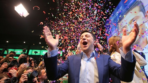 Volodomyr Zelensky celebrating his landslide victory Sunday evening.